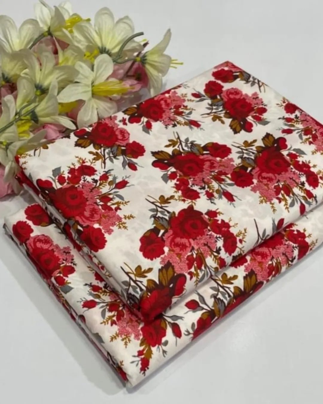 UnStitched Digital Printed Cotton 2 pc red flowers